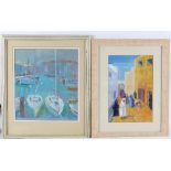 K R Emerson/Harbour/signed/ gouache, 32cm x 28cm/R B/Coastal View/initialled/gouache,