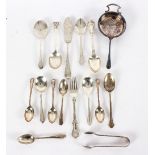 A Victorian silver Christening spoon and fork, GA, London 1861, a tea strainer, sundry jam spoons,