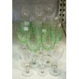 Sundry cut glass and wine glasses with green tinted bowls