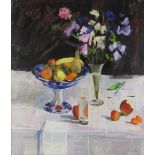 John Cunningham RGI (Scottish 1926-1998)/Still Life with Sweet Peas/signed/oil on canvas,