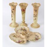 A pair of Royal Worcester blush ivory porcelain vases with fluted and wavy rims,