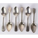 A set of six George III silver dessert spoons, R P, London 1819, of fiddle pattern,