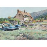 Michael Long/The Blue Boat, Porlock Weir/acrylic on paper,