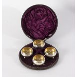 A set of four silver salts, Sheffield 1880, of circular form on ball feet, gilt interiors,