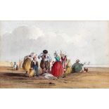 19th Century French school/Breton Fisher Folk on the Shore/watercolour, 10cm x 16.