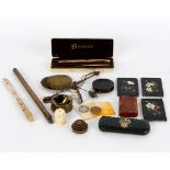 A set of brass scales, three small pietra dura plaques, a Sheaffer pen set,