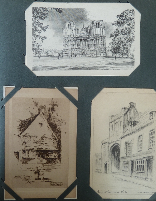 Two cloth covered albums, one containing approximately 160 pencil sketches and other postcards,