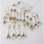 A quantity of various silver teaspoons, sugar tongs etc.