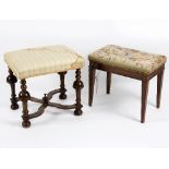 A William and Mary style walnut framed stool, the turned legs united by a wavy X stretcher,