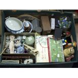 A group of toys, games and sundries to include a bisque Googlie doll, a Magneto horse racing game,