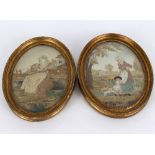 A pair of early 19th Century needlework pictures, pastoral scenes, Woman Beside a Spinning Wheel,