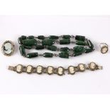 A malachite linked necklace, a carved cameo bracelet, clasp stamped 800,