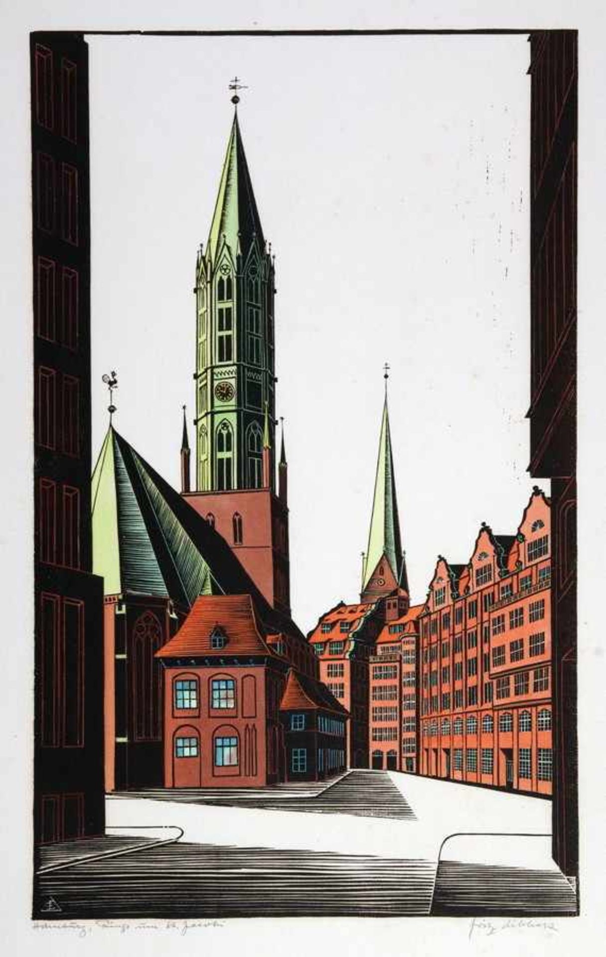 Fritz Dibbert. Hamburg, Petrikirche. - Hamburg, Rings um St. Jacobi. Zwei kolorierte Holzschnitte. - Image 2 of 3