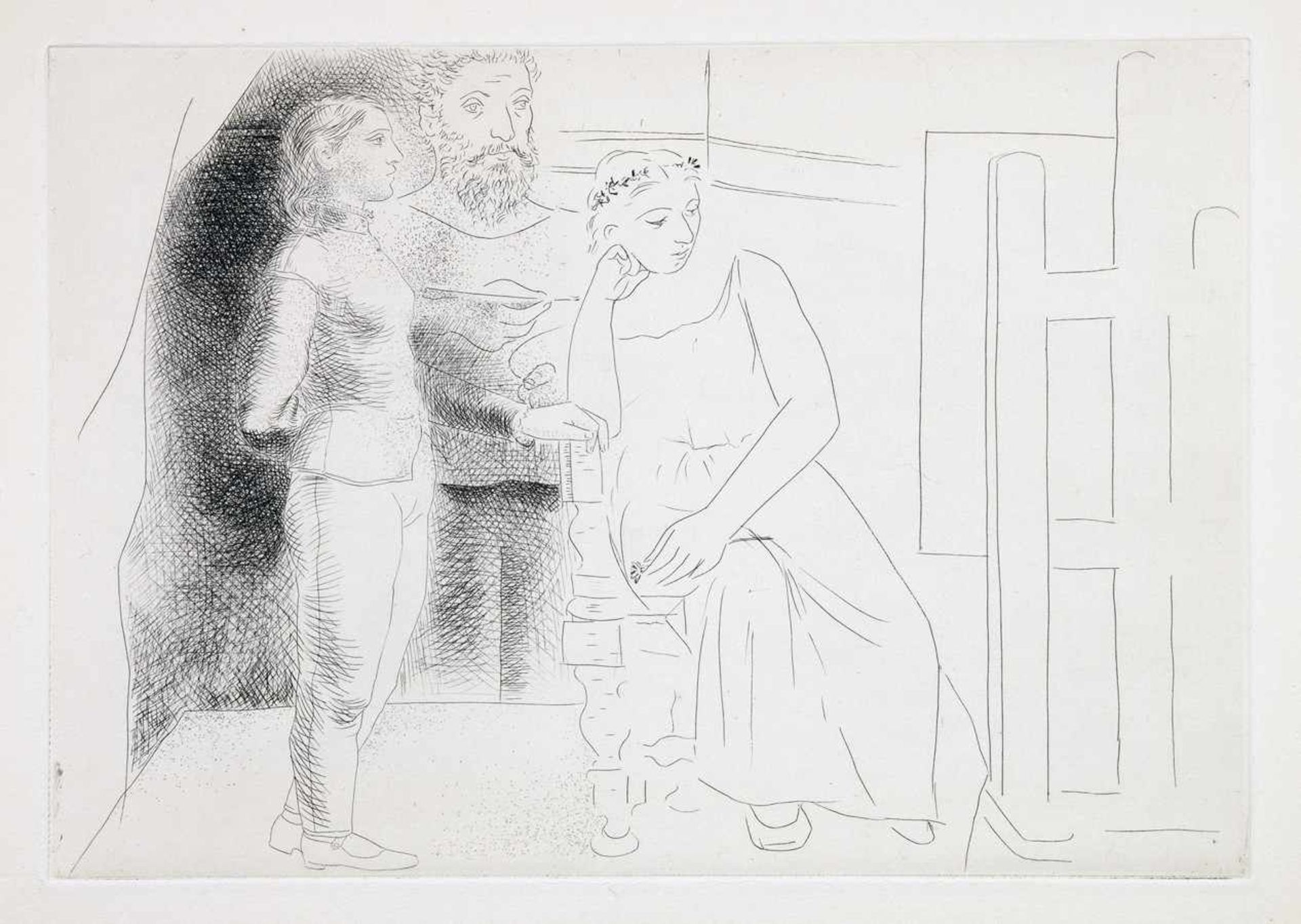 Pablo Picasso. Peintre entre deux modèles. Radierung. 1927. 19,3 : 27,9 cm (24,8 : 32,5 cm). Eins