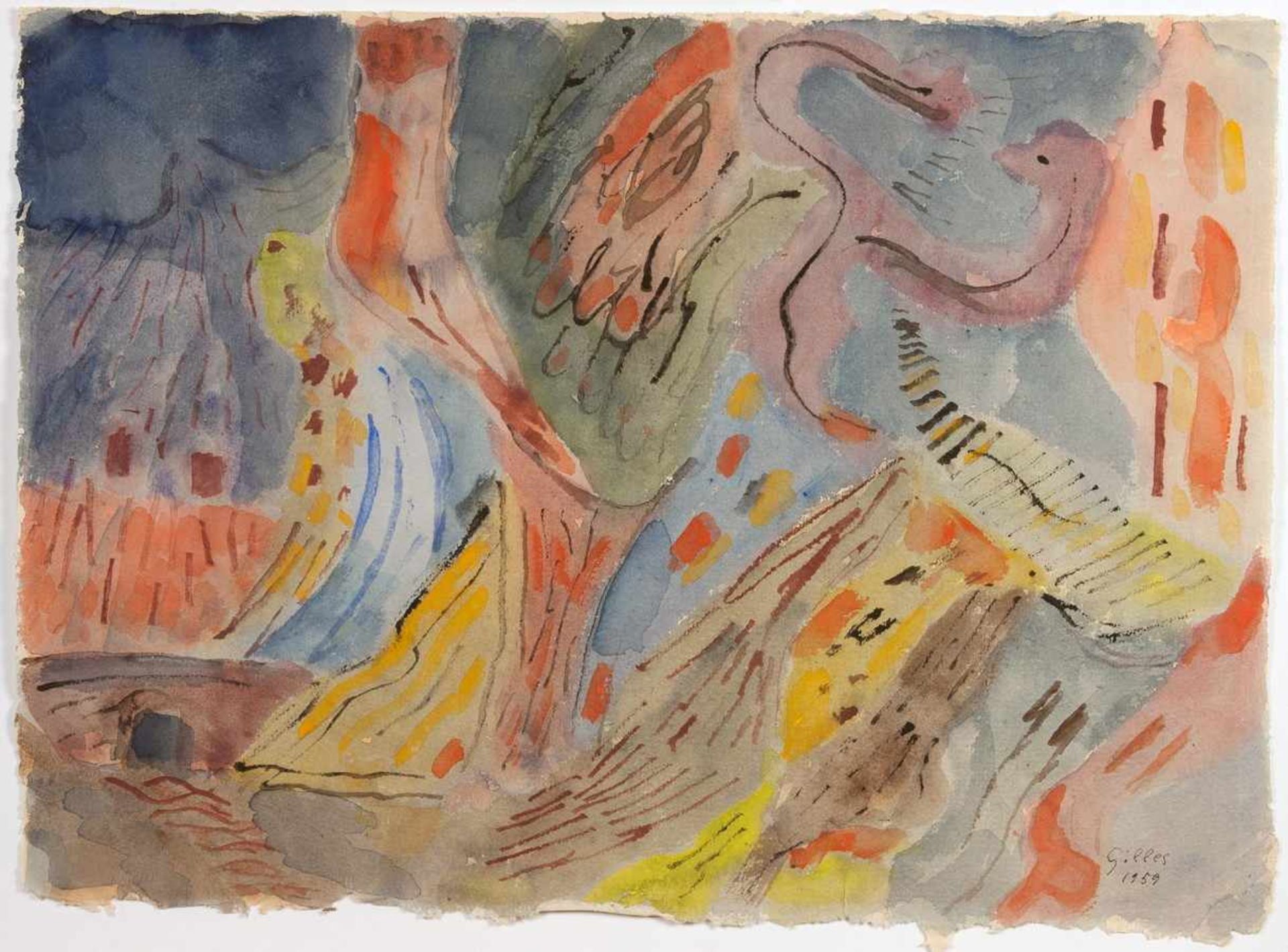 Werner Gilles. Rote Schlucht mit Brücke. Aquarell. 1959. 31,0 : 43,0 cm. Signiert und datiert. »Auch