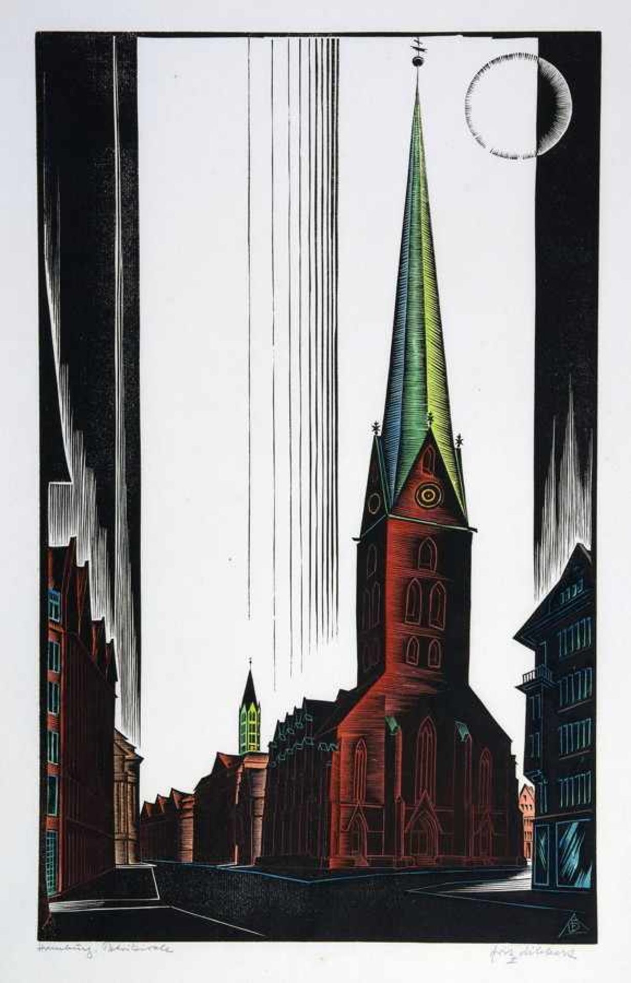 Fritz Dibbert. Hamburg, Petrikirche. - Hamburg, Rings um St. Jacobi. Zwei kolorierte Holzschnitte.