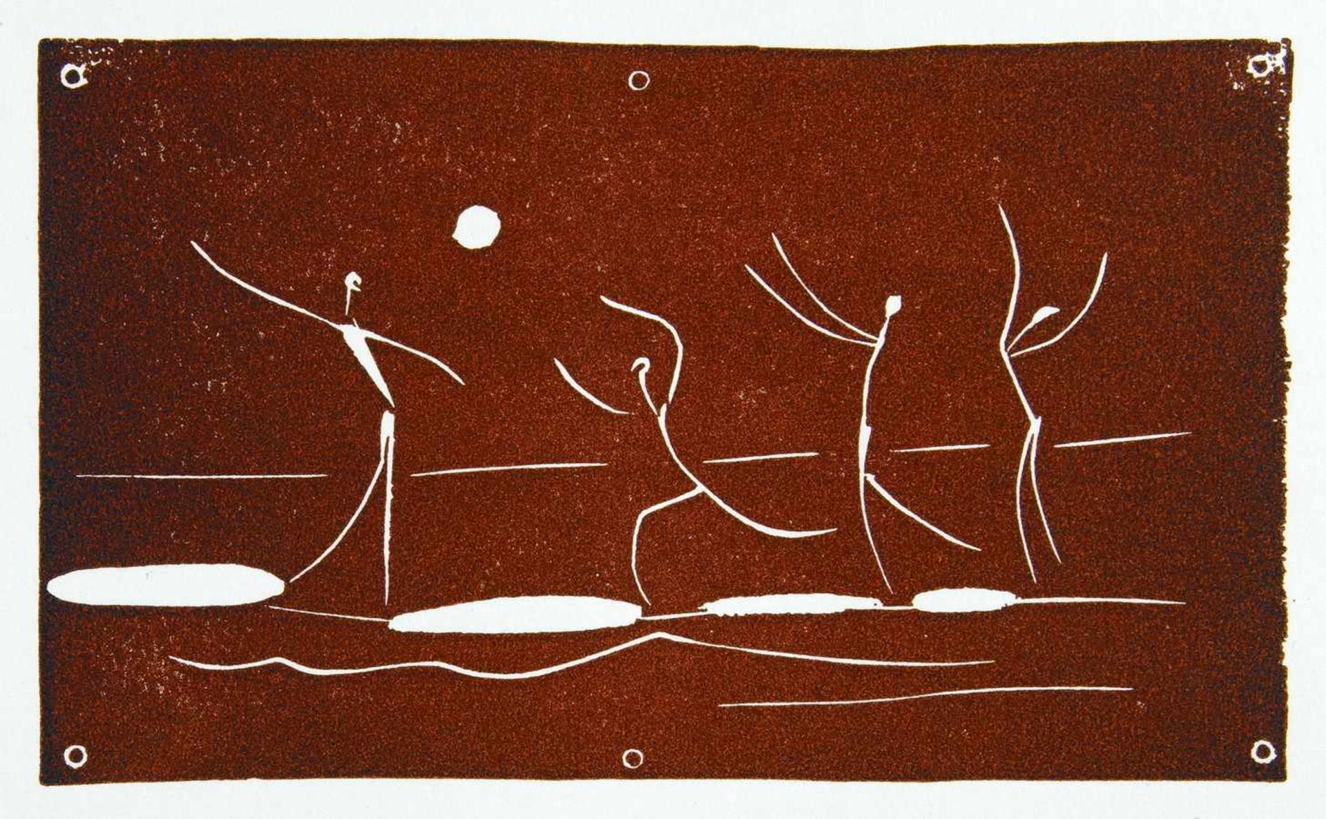Pablo Picasso. Jeu de ballon sur une plage. Farbiger Linolschnitt. 1957. 8,0 : 13,0 cm (23,8 : 15,