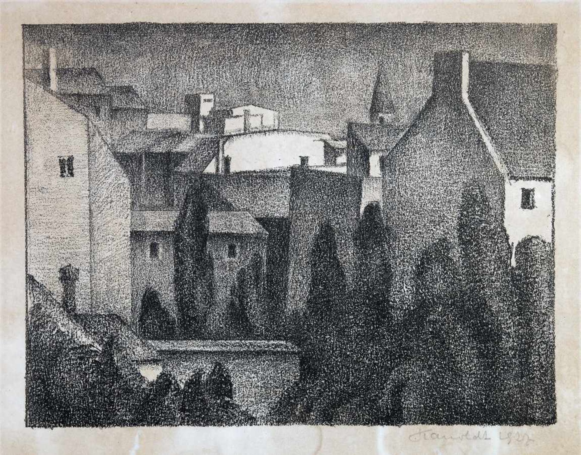 Alexander Kanoldt. Aus Schwabing. Lithographie. 1927. 23,8 : 31,3 cm (28,8 : 36,4 cm). Signiert