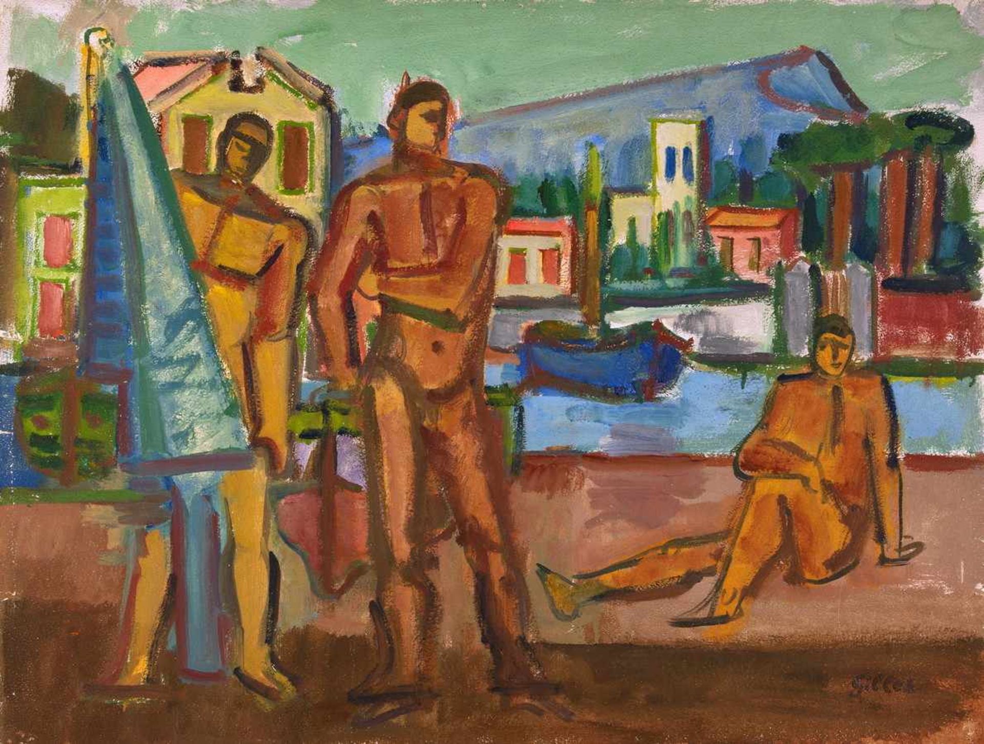 Werner Gilles. Drei Männer am Hafen. Öl auf Malkarton. [1941]. 49,5 : 64,5 cm. Signiert. Das Motiv