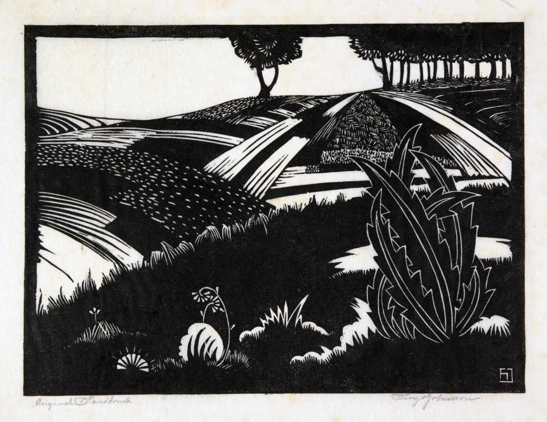 Hugo Johnsson. Die Landschaft. 10 Linol-Schnitte. Um 1920. Ca. 20 : 23 cm. Signiert und