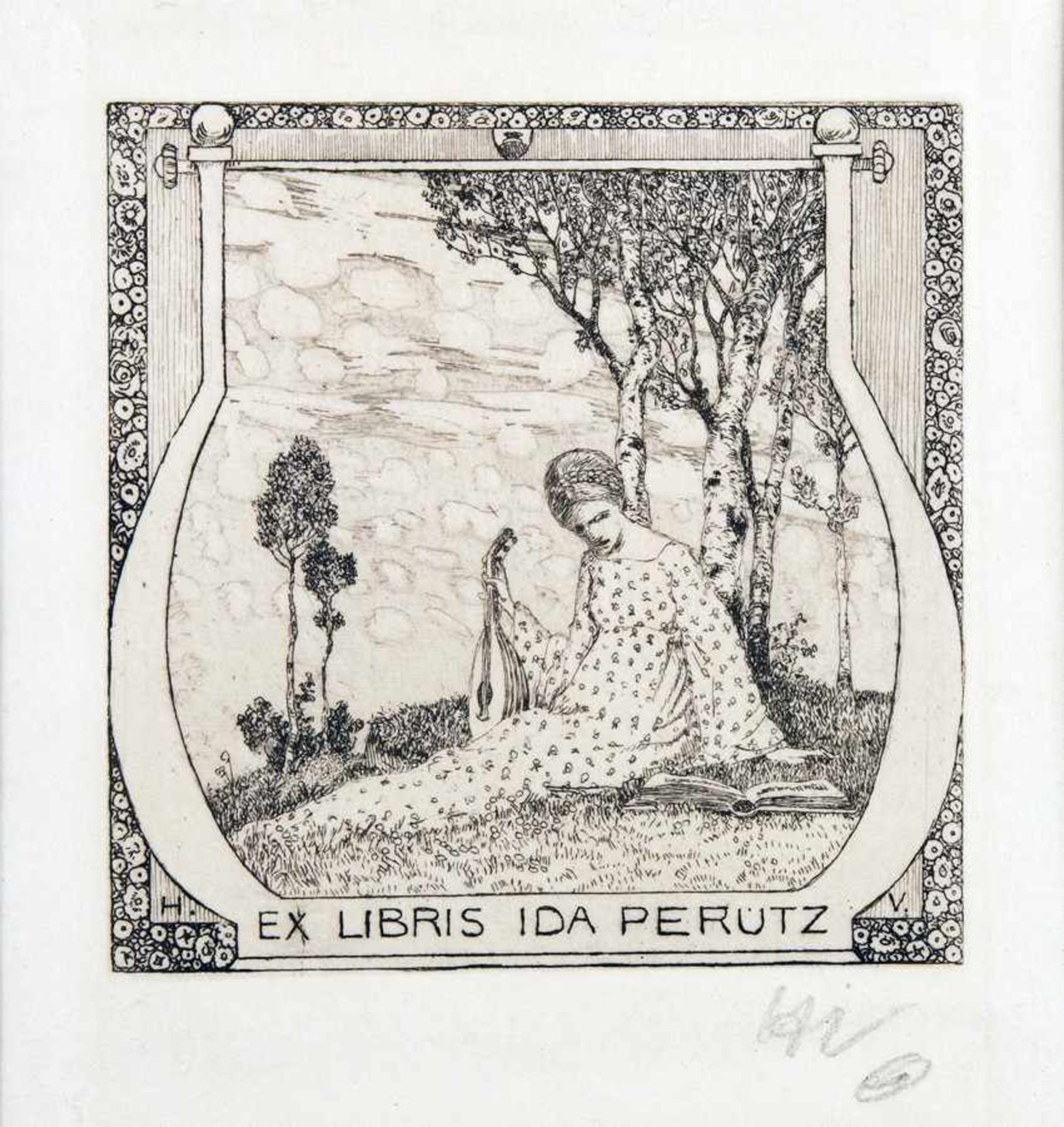 Heinrich Vogeler. Exlibris Ida Perutz. Radierung. 1904. 10,0 : 8,0 cm (20,8 : 15,0 cm).