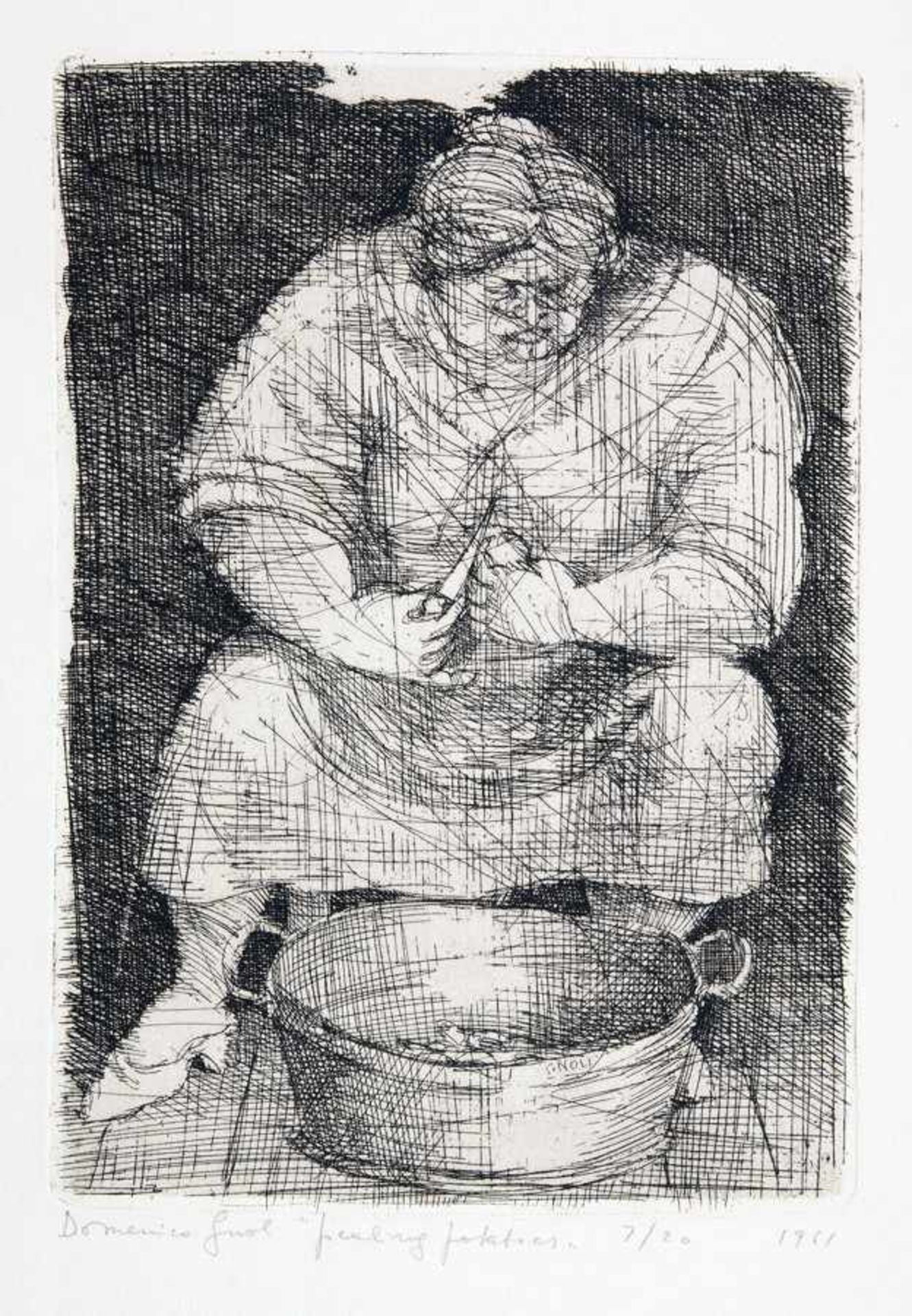 Domenico Gnoli. Peeling potatoes. Radierung. 1961. 23,5 : 16,5 cm (50,5 : 35,0 cm). Signiert,