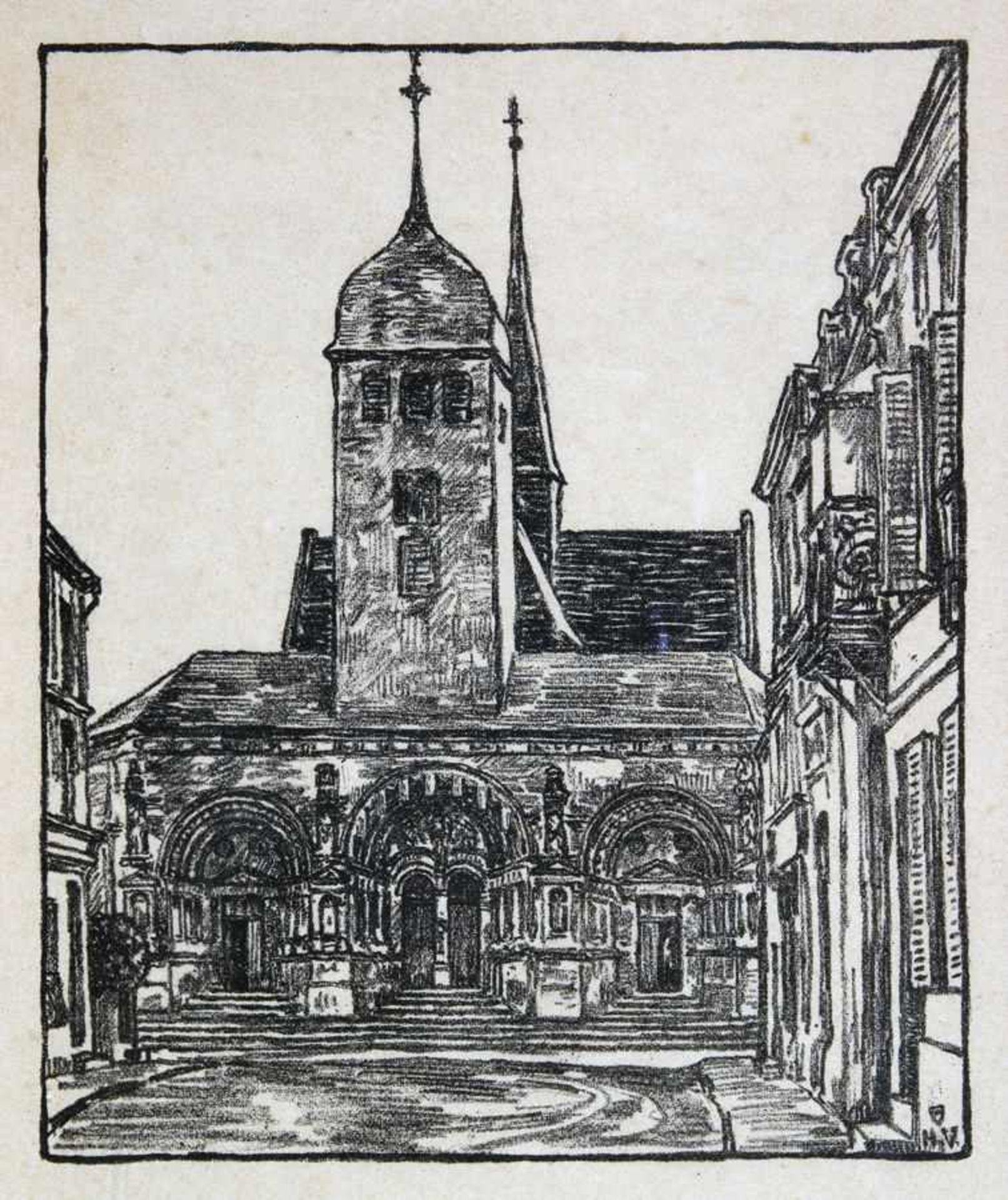 Heinrich Vogeler. Kirche in Vouziers. Lithographie. 1917. 21,7 : 18,0 cm (31,0 : 21,5 cm). Im