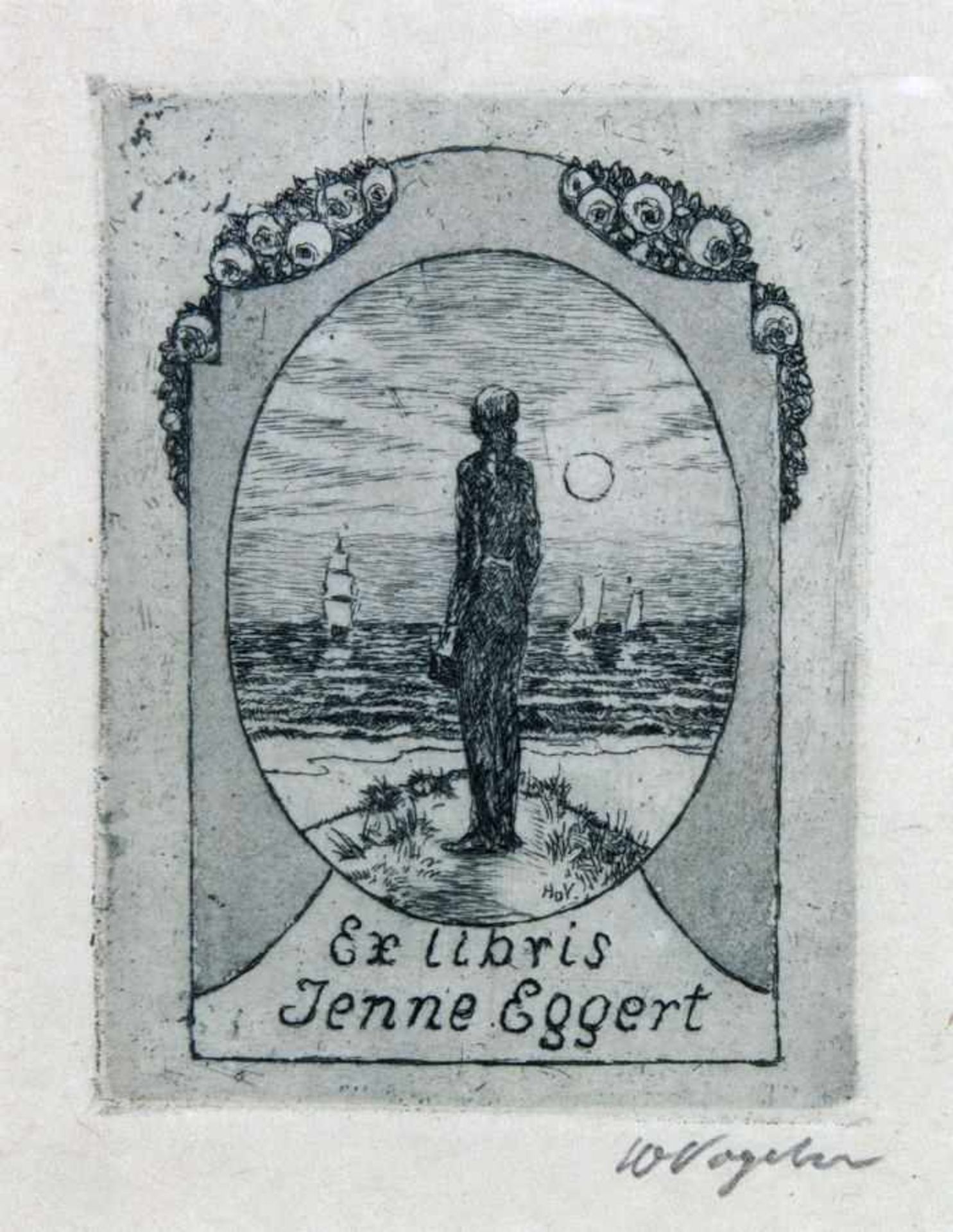 Exlibris - Heinrich Vogeler. Ex libris Jenne Eggert. Radierung. 1923. 9,0 : 6,7 cm (12,7 : 10,0 cm).