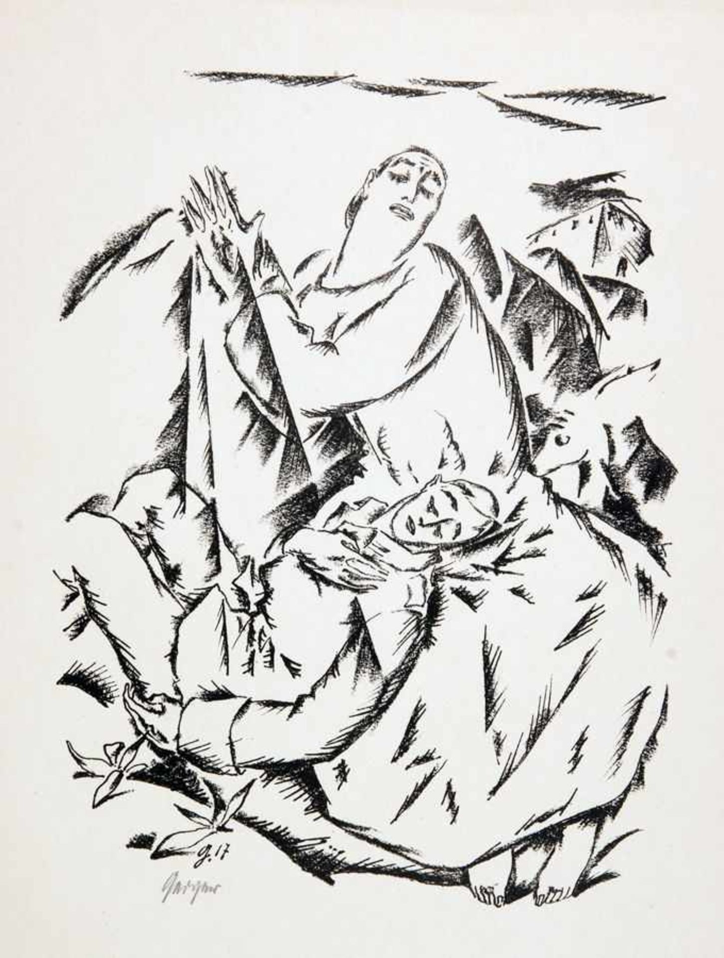 Willi Geiger. Paar mit Tier. Lithographie. 1917. 23,0 : 17,2 cm (38,0 : 27,0 cm). Signiert, im Stein