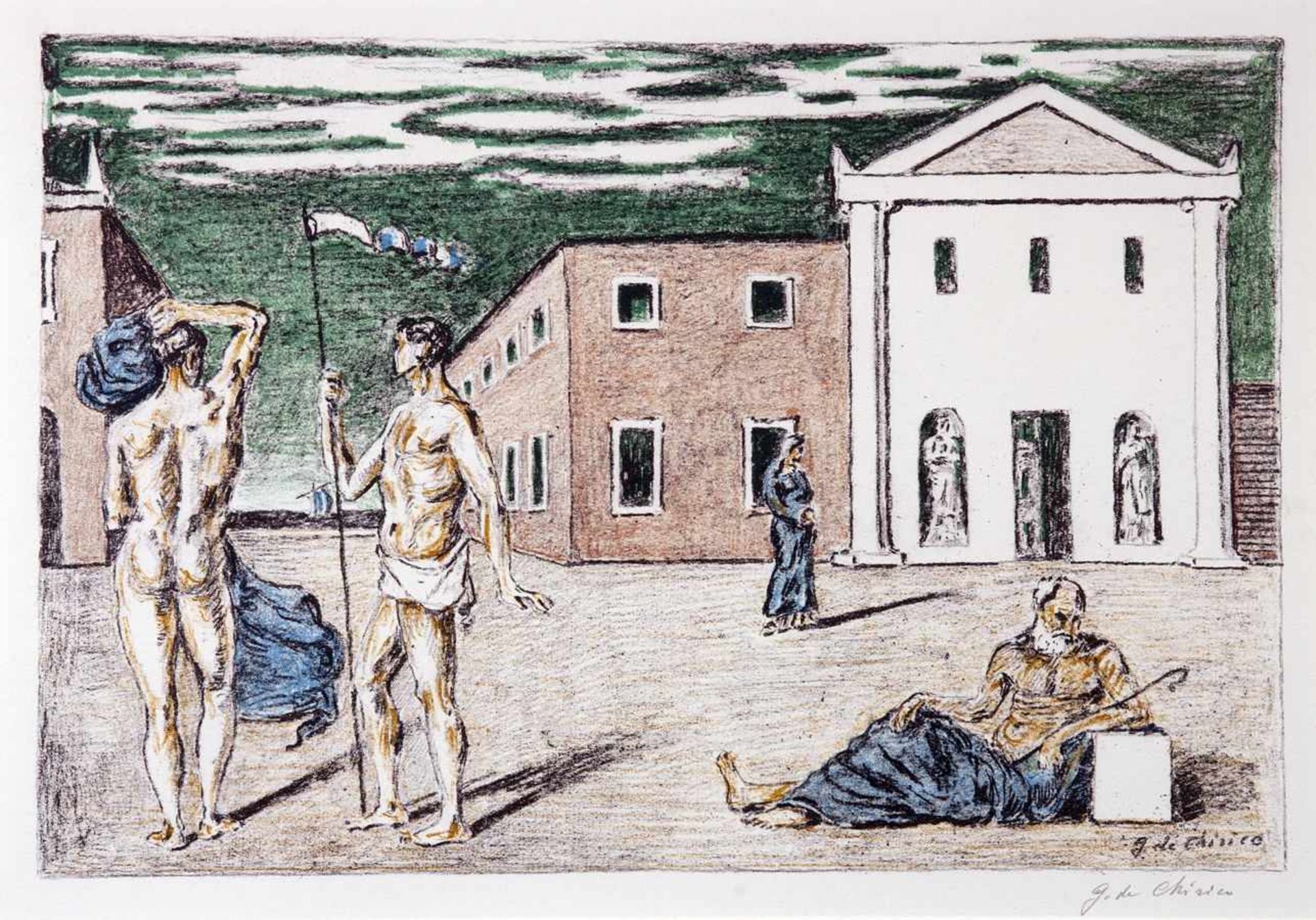 Giorgio de Chirico. La partenza di Giasone. Farblithographie. 1966. 30,5 : 45,5 cm. Signiert.