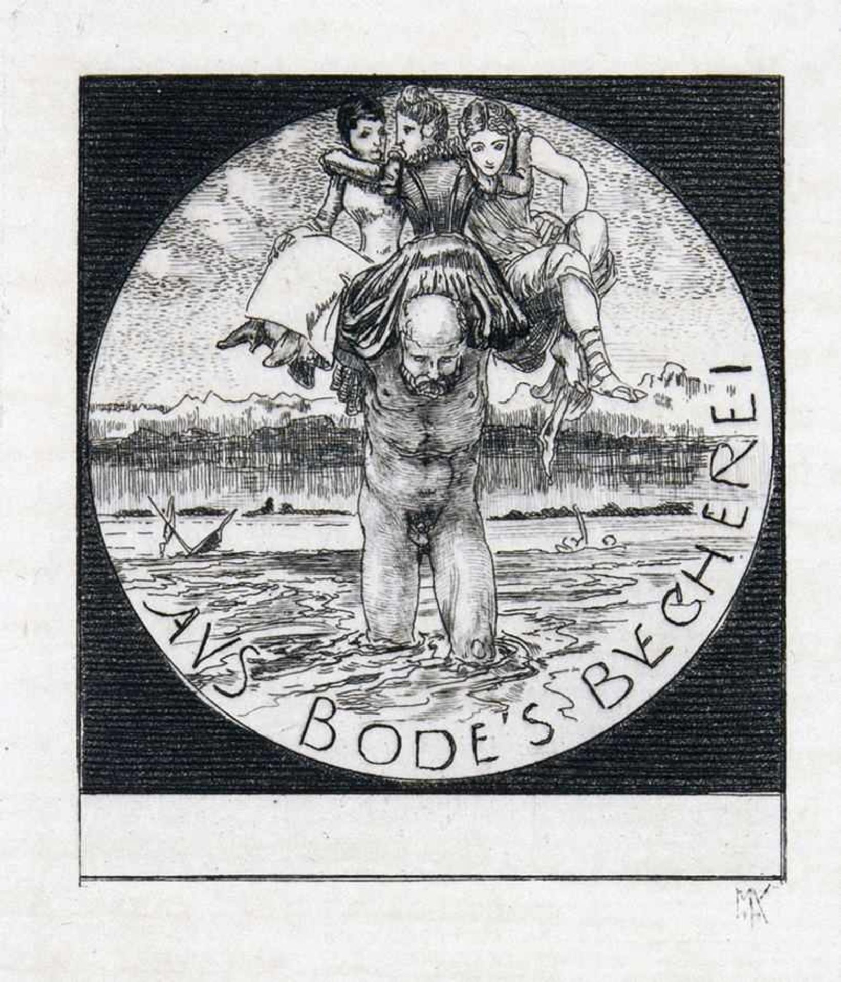 Exlibris - Max Klinger. Aus Bodes Bücherei. Kaltnadelradierung. 1894. 6,4 : 5,7 cm (8,8 : 6,6 cm,