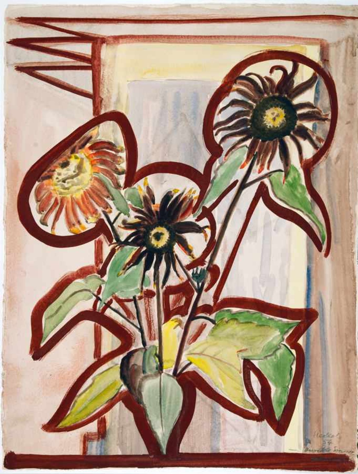 Erich Heckel. Dunkle Sonnenblumen. Aquarell. 1954. 69,0 : 53,3 cm. Signiert, datiert und betitelt.