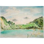 Erich Heckel. See vor Hügeln. Aquarell über Kreide. 1940. 48,5 : 66,5 cm. Signiert, datiert,