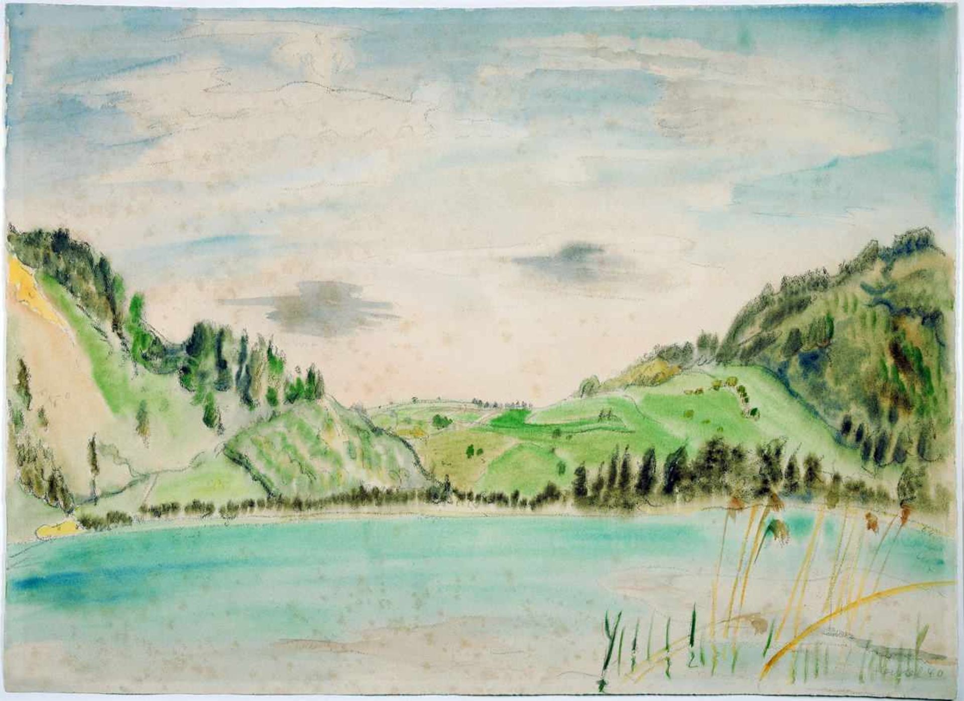Erich Heckel. See vor Hügeln. Aquarell über Kreide. 1940. 48,5 : 66,5 cm. Signiert, datiert,