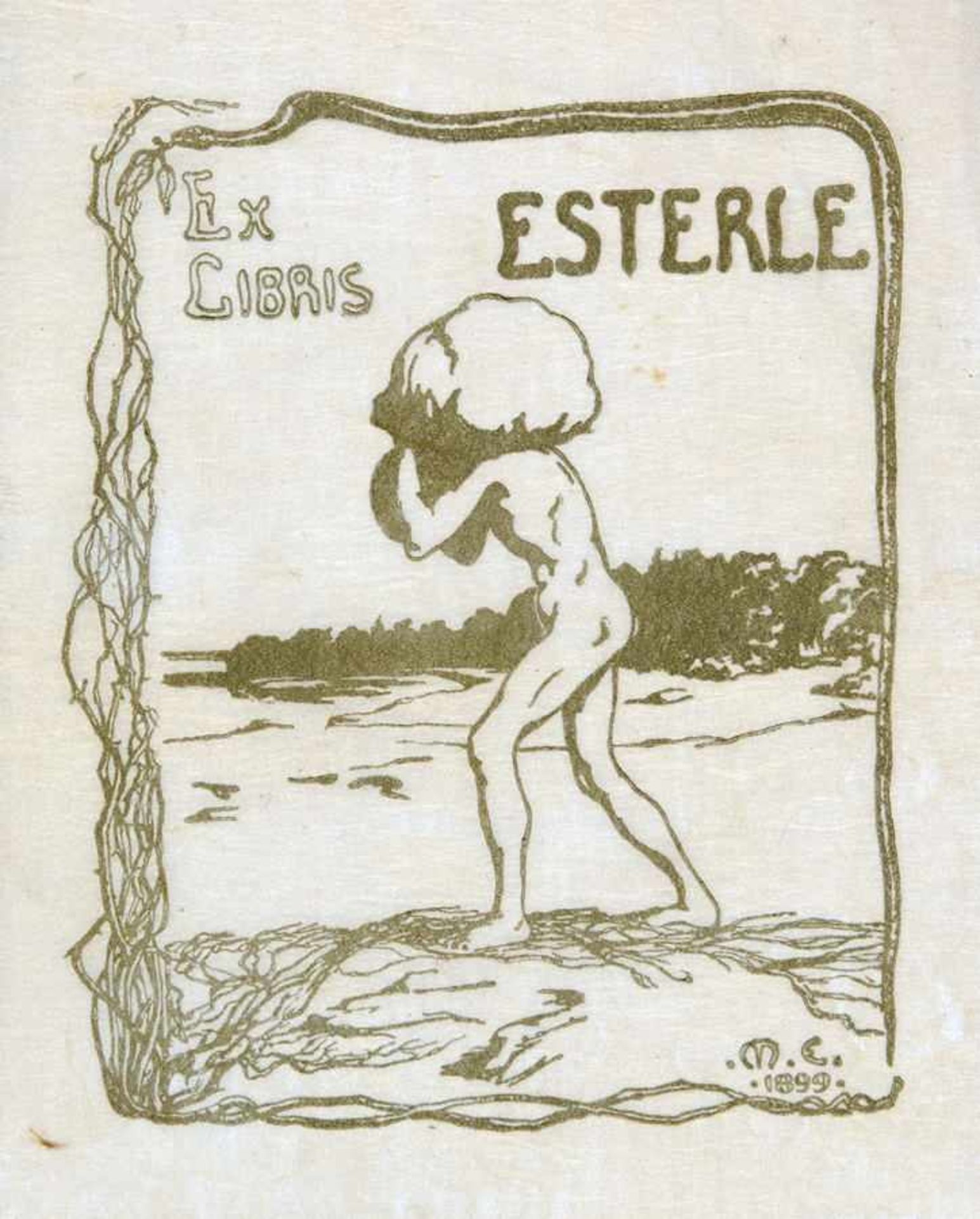 Exlibris - Max Esterle. Ex libris Esterle. Farbige Lithographie. 1899. 8,3 : 7,0 cm (11,2 : 8,5 cm).