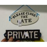 2 CAST SIGNS "PRIVATE" + "PLEASE SHUT THE GATE"