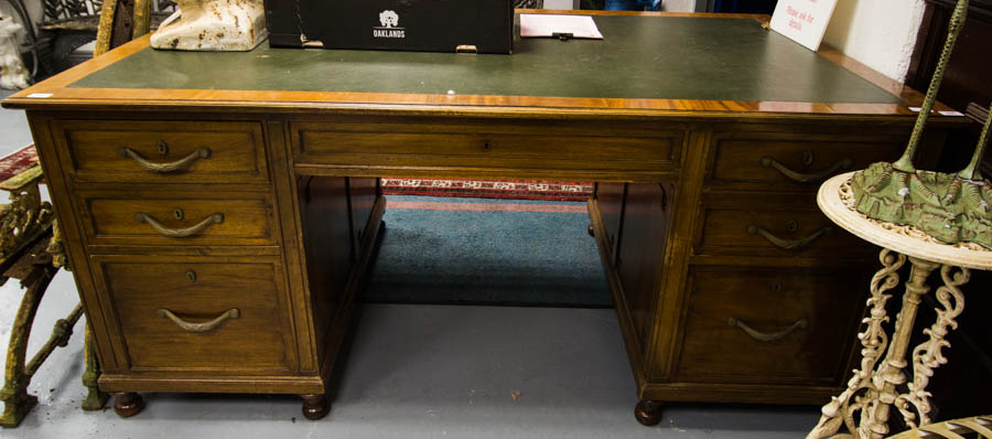 MAHOGANY PEDESTAL DESK WITH GREEN LEATHER TOP 40 INS X 70 INS