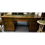 MAHOGANY PEDESTAL DESK WITH GREEN LEATHER TOP 40 INS X 70 INS