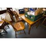 SOLID OAK TABLE WITH DRAWER + 4 RAIL BACK CHAIRS