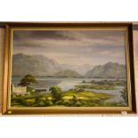 OIL ON CANVAS OF LAKE + MOUNTAIN SCENE,