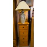 MODERN 4 DRAWER CHEST + POTTERY LAMP + LEADED SHADE