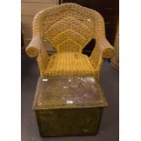 WICKER ARM CHAIR + BRASS FUEL BOX