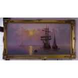 OIL ON CANVAS SHIP IN GILT FRAME AF