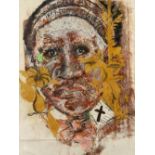 Joe Sam (American, b. 1939), "Aunt Clara Brown," 1984, mixed media, signed and dated lower right,