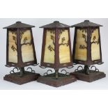 Copper Arts and Crafts style exterior garden lanterns, the boxed pillar lights with cream slag glass