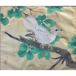 Japanese ink and color on gilt paper, depicting a white falcon on a tree branch, bearing the