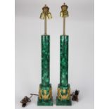 Pair of Neoclassical style ormolu and malachite table lamps, each having a columnar standard, the