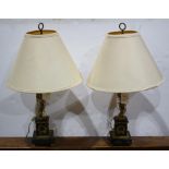 Pair of French Empire (electrified) table lamps, each having a gilt bronze figural support depicting