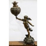 Rococo style figural kersone brass table lamp, having a figural standard of a winged putto, and