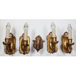 (lot of 5) Patinated brass single light wall sconces, circa 1930, 9"h x 5"w x 7.5"d